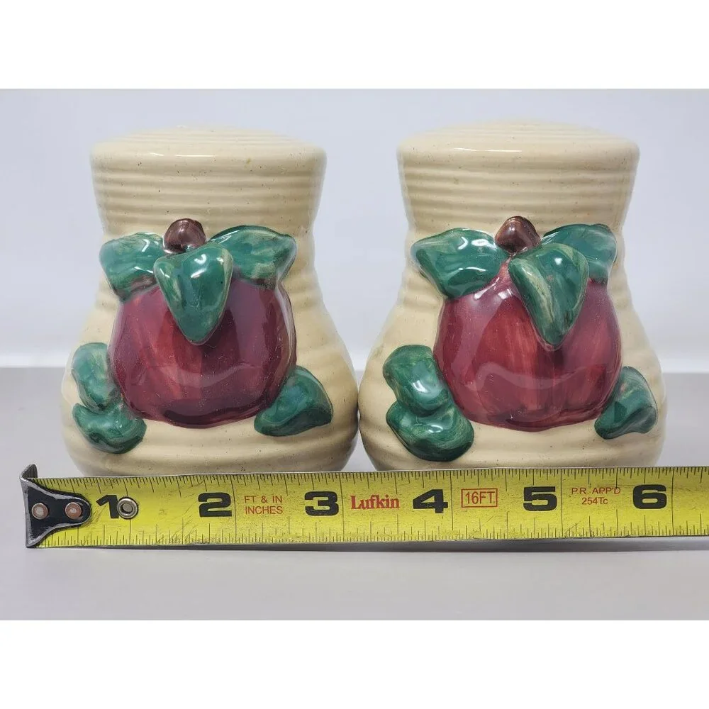 Vintage 3D Apples And Leaves Design Salt & Pepper Shakers Set Of 2 Small & Large